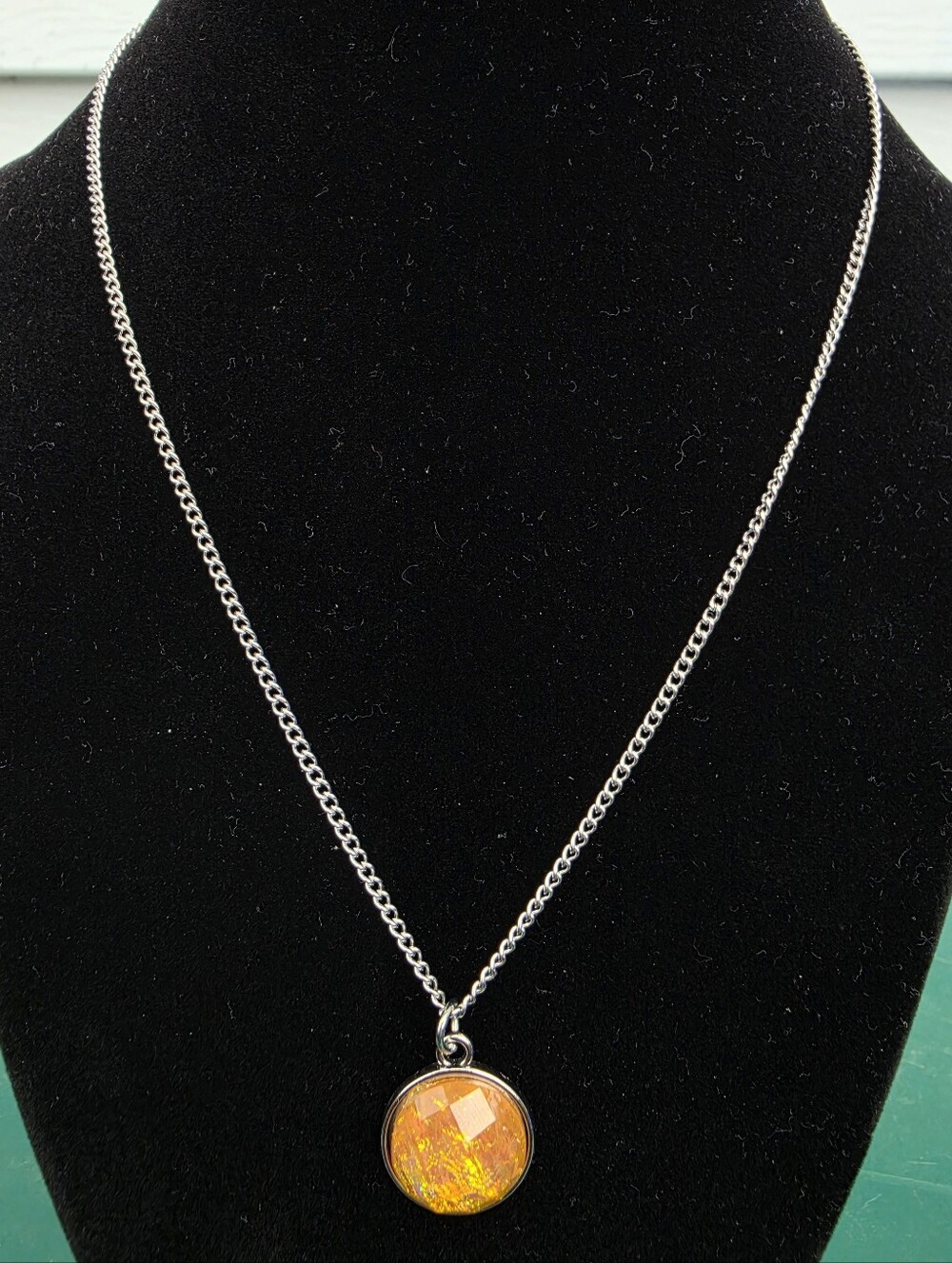 Stainless Steel Chain Necklace with Faceted Faux Fire Opal Pendant